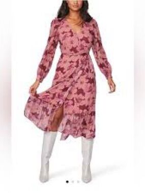 PAIGE Aloe Pink Mauve Floral Wrap Midi Dress M